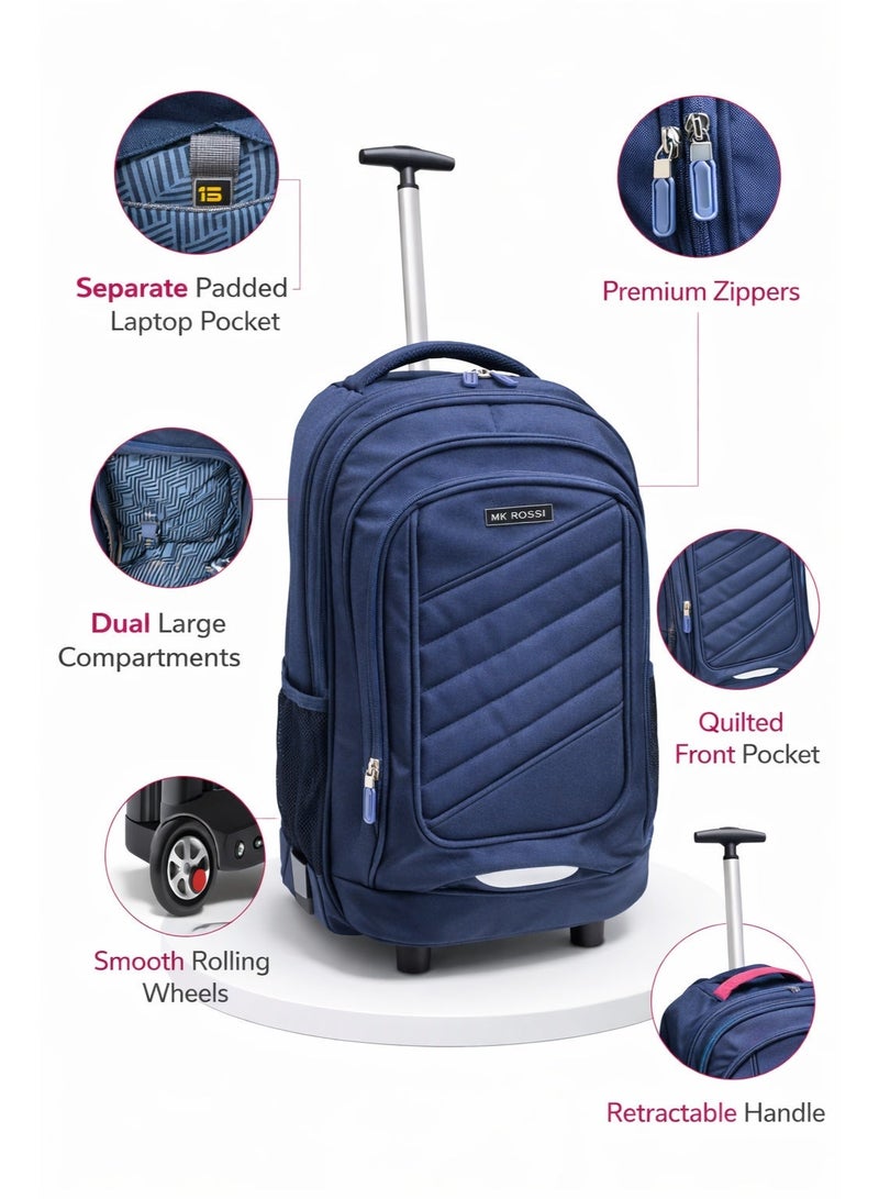 AODASI Premium School Trolley Backpack with Wheels & Retractable Handle â€“ Large Capacity, Laptop Compartment, Durable & Lightweight â€“ Navy Blue - Image 2
